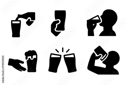 Pint Drinking Icons. Solid, filled icon set of pint drinking actions: pouring pint, raising glass, toasting, drinking, passing pint, foam spilling, cheers,