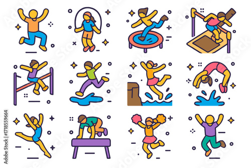 Isometric Jumping Icons. Colorful isometric vector icons set of Jumping activities: person mid-jump, jumping rope, trampoline bounce, long jump pit, high jump