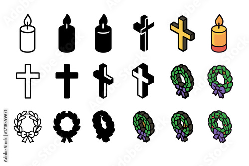 Mourning Icons Vector Set. Icon Set of Mourning Rituals: Funeral candle, Cross, Wreath. Icons set in vector style, emblematic variations. Funeral candle line,