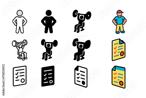 Fitness Icon Set. Icon Set of Personal training: fitness coach figure, client exercising, training plan sheet. Icons set in vector style, emblematic
