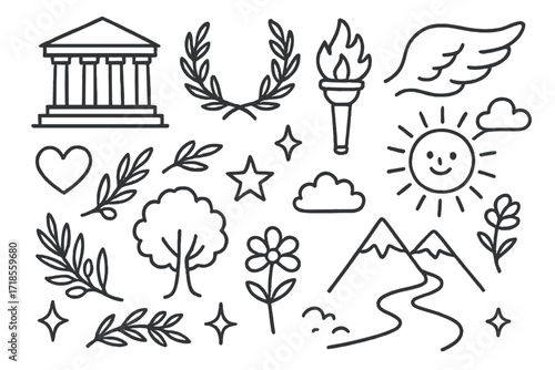 Mythic Elysium Doodle. Hand-drawn doodle illustration Mythic Elysium vision [temple, laurel wreath, torch, wing, sun, star, cloud, heart, sparkle, olive