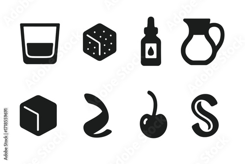 Classic Cocktail Icons. Solid, filled icon set of old fashioned ingredients: whiskey, sugar cube, bitters, water, ice, orange peel, cherry, lemon zest. Solid,