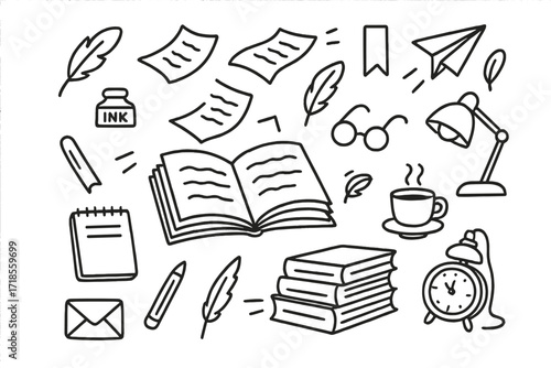 Flying Book Pages. Hand-drawn doodle illustration Book pages flying Open book, flying pages, bookmark, quill, ink bottle, paper airplane, feather, lamp,