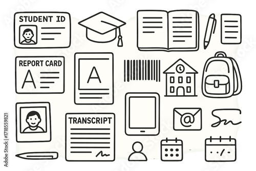 Education Themed Icons. Hand-drawn doodle illustration [student ID and education records] [student card, graduation cap, notebook, pen, report card, barcode,