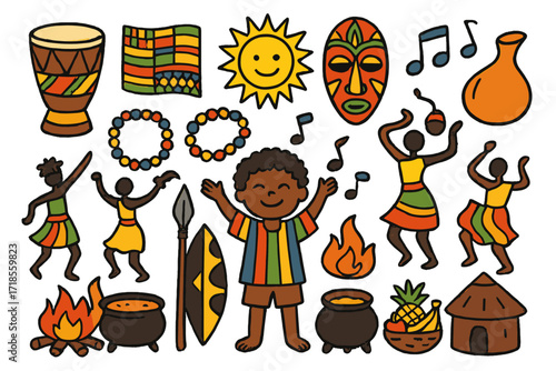 African Festival Celebration. Colorful Hand-drawn doodle Children illustration African cultural festival drum, kente cloth, beads, mask, calabash, sun, dancing