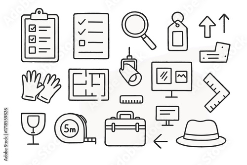 Art Curation Essentials. Hand-drawn doodle illustration art curation clipboard, checklist, magnifying glass, tagging label, art gloves, floor plan, gallery