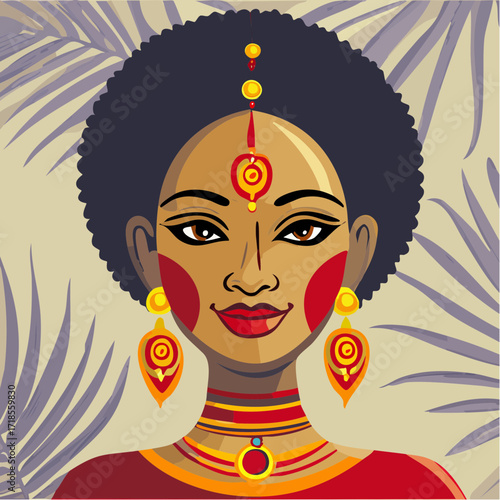 folk-art porcelain doll with terracotta complexion & floral ochre cracks – cultural svg vector