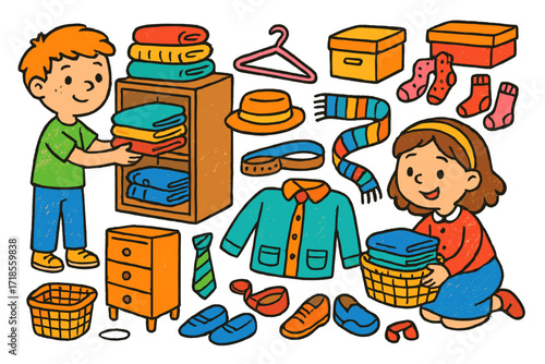 Kids Organizing Closet. Colorful Hand-drawn doodle Children illustration Organizing closet shelves [shelves, folded shirts, jeans, sweaters, boxes, shoes,