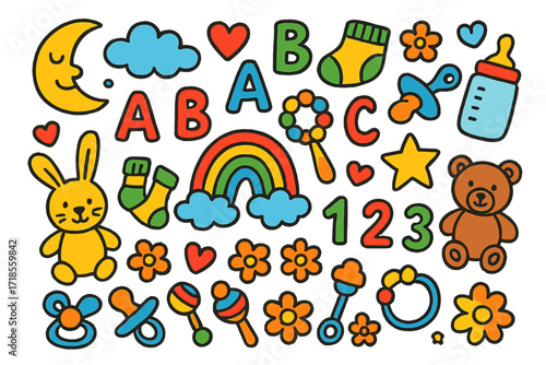 Nursery Doodle Wonderland. Colorful Hand-drawn doodle Children illustration Nursery rug toys, rattles, ABC letters, numbers, clouds, soft animals, hearts,