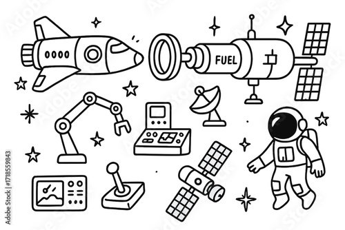 Spacecraft Docking Doodles. Hand-drawn doodle illustration spacecraft docking spacecraft, space station, docking port, robotic arm, astronaut, satellite,