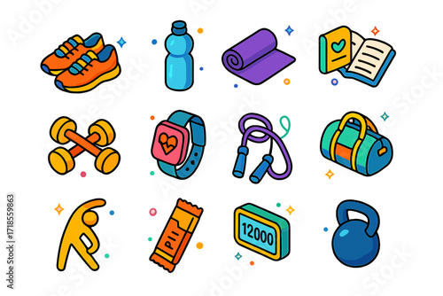 Fitness Icons Set. Colorful isometric vector icons set of Fitness day routine: running shoes, water bottle, yoga mat, dumbbells, heart rate monitor, workout