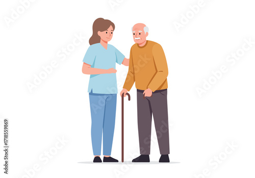 A Nurse or Caregiver Providing Support and Assistance to an Elderly Person Using a Walking Stick