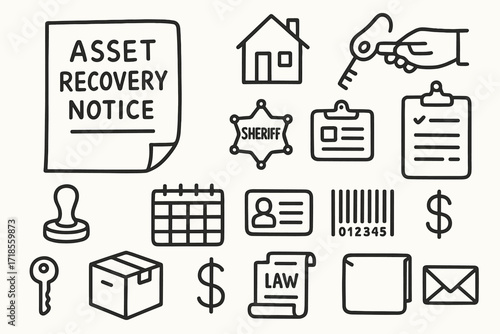 Asset Recovery Icons. Hand-drawn doodle illustration Asset recovery notice paper, property icon, hand with key, sheriff badge, document stamp, clipboard,