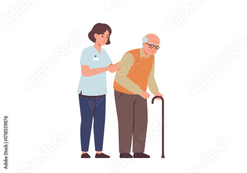 A Female Caregiver Assisting an Elderly Man with a Walking Stick, Illustrating Supportive Care