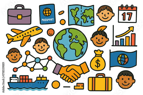 Global Business Doodles. Colorful Hand-drawn doodle Children illustration International business expansion globe, handshake, airplane, cargo ship, passport,