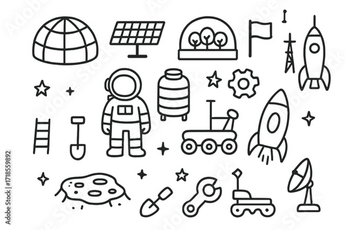 Mars Colony Doodle. Hand-drawn doodle illustration Mars colony [dome habitat, solar panel, greenhouse, astronaut, water tank, flag, ladder, gear, rocket,
