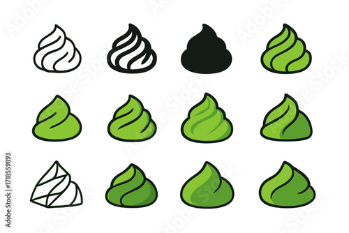 Sushi Logo Variations. Set Logo of Sushi Flavor: Wasabi swirl. Logo set in vector style, emblematic variations. line, bold thick line, solid black filled,