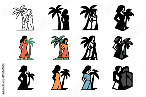 Model Logo Grid. Set Logo of Model on Location: fashion model posing near palm trees. Logo set in vector style, emblematic variations. line, bold thick line,
