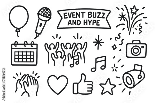 Event Celebration Doodle. Hand-drawn doodle illustration [event buzz and hype] [balloon, microphone, banner, firework, spark, confetti, calendar, crowd, music