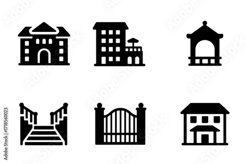 Luxury Real Estate Icons. Solid, filled icon set of luxury real estate: mansion, penthouse, swimming pool, garden gazebo, grand staircase, estate gate, private