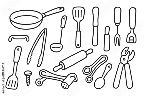 Kitchen Utensil Doodles. Hand-drawn doodle illustration [Utensils and handles] [frying pan, ladle, spatula, handle grip, tongs, slotted spoon, rolling pin,