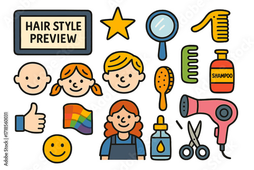 Colorful Hair Style Preview. Colorful Hand-drawn doodle Children illustration Hair Style Preview digital screen, face outline, hairstyle samples, star, mirror,