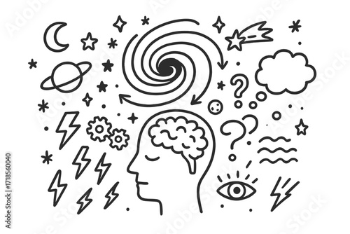 Mind Universe Doodle. Hand-drawn doodle illustration mind consumed by universe human head, black hole, spiral arrows, galaxy, planets, stars, comet, shooting