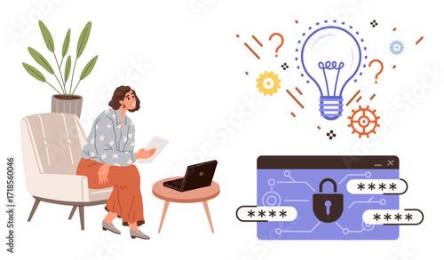 Woman sitting on chair reviewing document with laptop, lightbulb representing ideas and solution, secure padlock with password hints innovation, brainstorming, digital security. Ideal for data