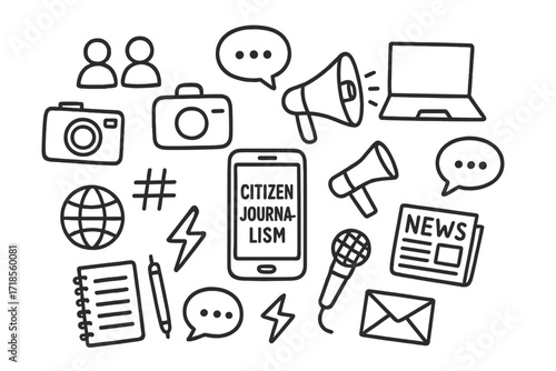 Citizen Journalism Icons. Hand-drawn doodle illustration Citizen journalism smartphone, camera, speech bubble, people icons, laptop, megaphone, notebook, pen,