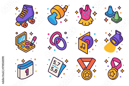 Artistic Roller Skating Icons. Colorful isometric vector icons set of artistic roller skating: performance skates, elegant toe stop, sequin costume, practice