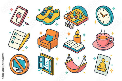 Tech-Free Icons Set. Colorful isometric vector icons set of tech-free self-care moments: unplugged phone icon, nature walk shoes, board game setup, analog