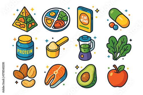 Colorful Nutrition Icons. Nutrition. Colorful isometric vector icons set of nutrition: food pyramid, plate with sections, calorie tracker app, vitamin capsule,