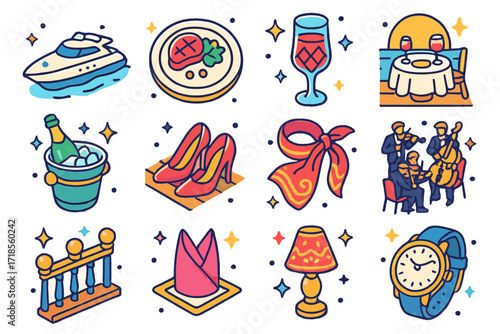 Luxury Cruise Icons. Colorful isometric vector icons set of luxury cruise vibes: sleek yacht, fine dining plate, crystal glass, sunset dinner table, champagne