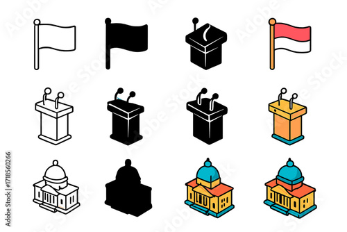 Civic Symbols Icons. Icon Set of Civic Symbols: National flag, Public speech podium, City hall. Icons set in vector style, emblematic variations. National flag