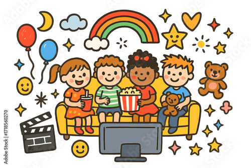 Children's Movie Night Fun. Colorful Hand-drawn doodle Children illustration Friends Watching Movies TV, group of children, popcorn, soda, rainbow, star,