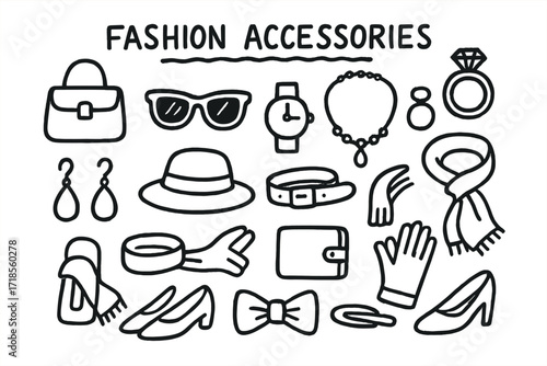 Fashion Accessories Doodle. Hand-drawn doodle illustration Fashion accessories basics [handbag, sunglasses, watch, necklace, ring, bracelet, earrings, hat,