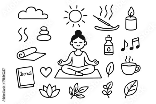 Meditation Essentials Icons. Hand-drawn doodle illustration stress relief and wellness meditation pose, yoga mat, breathing symbol, sun, candle, incense stick,