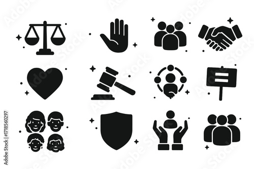 Fairness Icons Collection. Fairness. Solid icons set of balanced scale, open hand, group of people, handshake, heart, justice hammer, inclusive circle,
