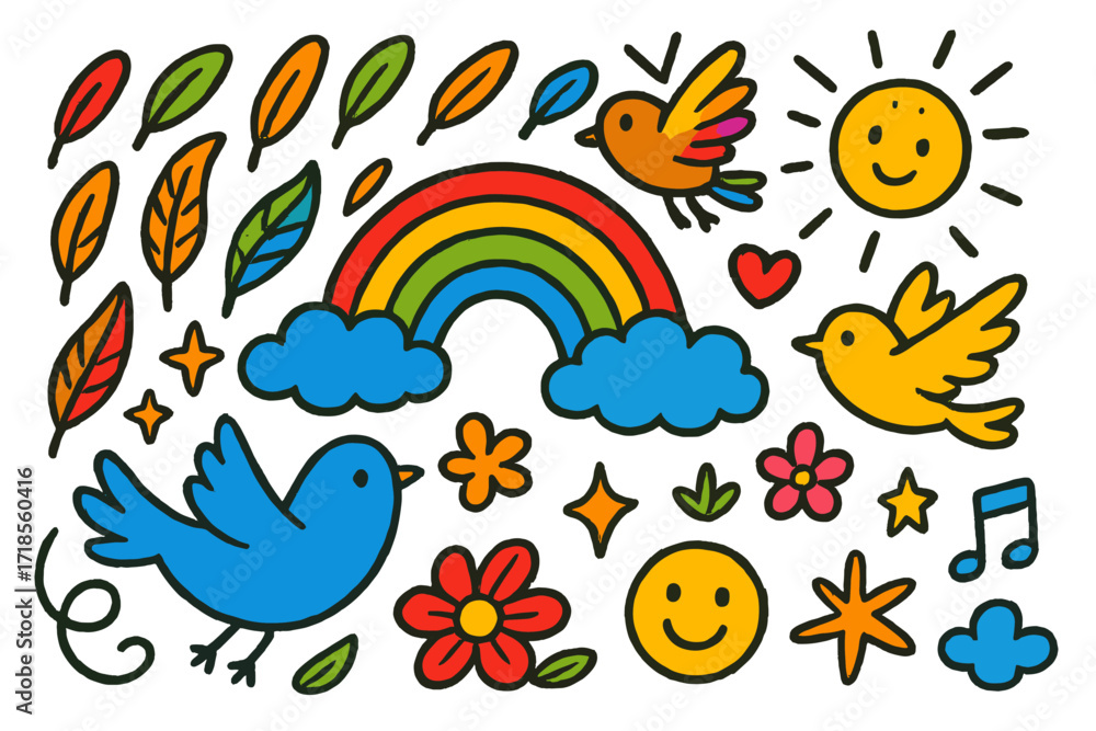 Obraz premium Doodle Rainbow Delight. Colorful Hand-drawn doodle Children illustration Rainbow Birds rainbow feathers, bluebird, sunshine, cloud, sparkle, flying bird,