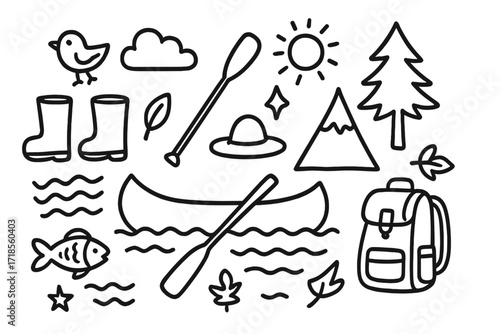 Riverside Adventure Icons. Hand-drawn doodle illustration exploring rivers canoe, paddle, river, fish, waves, tree, mountain, sun, cloud, star, boots, hat,