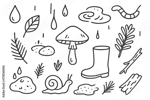 Rainy Forest Doodles. Hand-drawn doodle illustration [Rainy forest floor] [raindrop, puddle, leaf, umbrella mushroom, worm, wet stone, fern, boot, drip, snail,