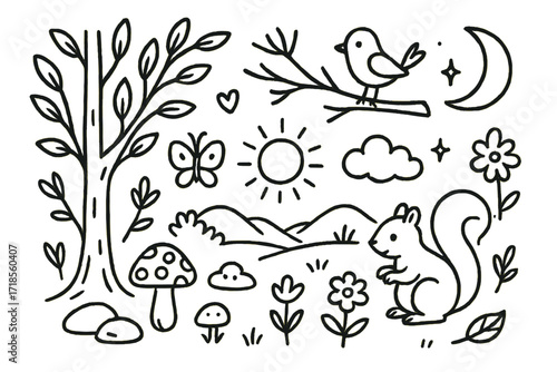 Dreamy Forest Doodle. Hand-drawn doodle illustration Dreamy forest clearing [tree, branch, mushroom, flower, butterfly, bird, squirrel, sun, moon, star, cloud,