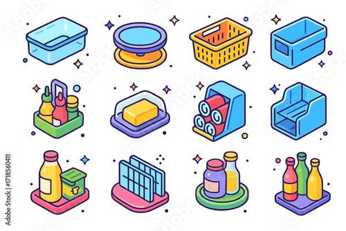 Isometric Fridge Organization Icons. Colorful isometric vector icons set of fridge organization essentials: clear container, rotating shelf, labeled basket,
