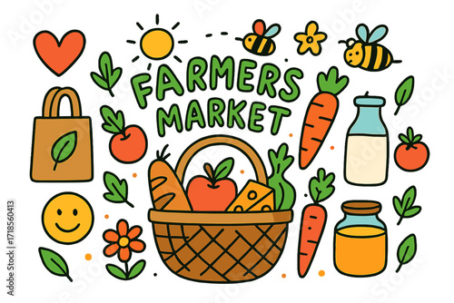 Farmers Market Doodle. Colorful Hand-drawn doodle Children illustration farmers market basket of fruit, bread, cheese, carrot, tomato, milk, honey jar, flower,
