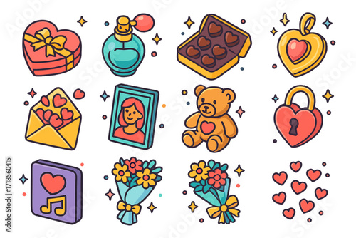 Romantic Gift Icons. Colorful isometric vector icons set of romantic gifts and surprises: heart-shaped box, perfume bottle, luxury chocolates, personalized
