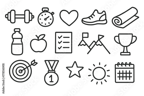 Fitness Icons Doodle. Hand-drawn doodle illustration fitness goals dumbbell, stopwatch, heart, running shoes, yoga mat, water bottle, apple, medal, star,