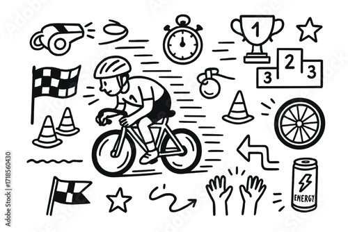 Cycling Competition Doodles. Hand-drawn doodle illustration bike race competition cyclist, race number, whistle, stopwatch, podium, trophy, motion lines, flag,