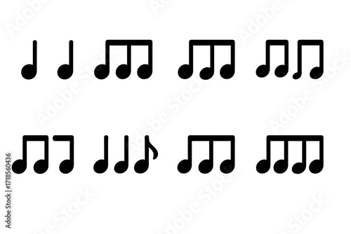 Rhythm Pattern Icons. Solid, filled icon set of backbeat rhythm patterns: and emphasis, offbeat syncopation, swung eighths, straight eighths, sixteenth note