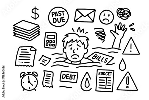 Drowning in Bills. Hand-drawn doodle illustration person drowning in bills overwhelmed face, stack of papers, dollar sign, calculator, past due stamp, sinking