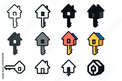 House Key Logo Collection. Set Logo of Handheld House Keys: classic key with house-shaped head. Logo set in vector style, emblematic variations. line, bold
